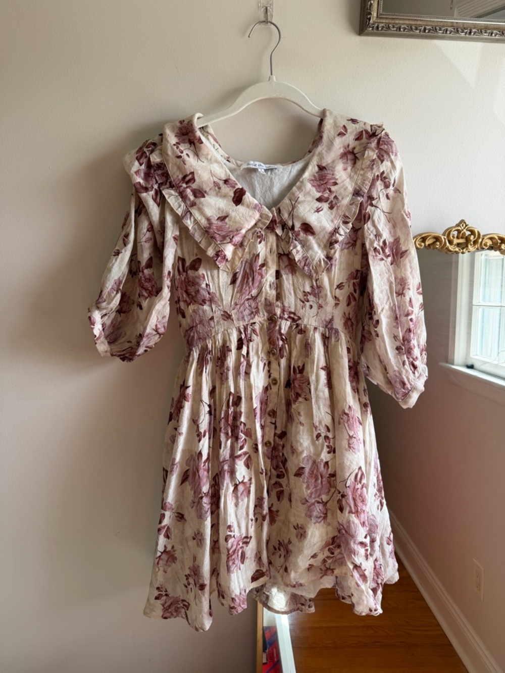 Girls Cream Floral Dress with Mauve Rose Print